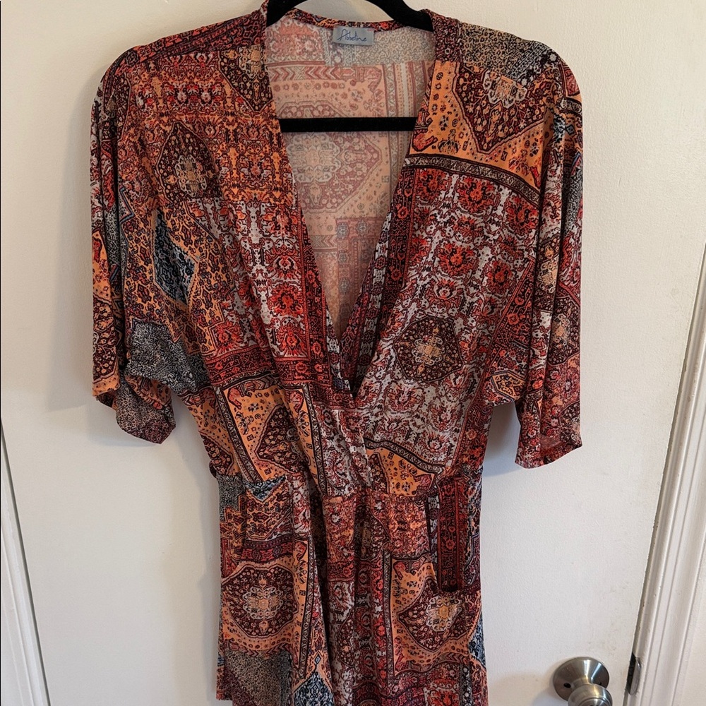 Abbeline Multicolor Paisley Print Romper in Red and Orange Tones - Size Small